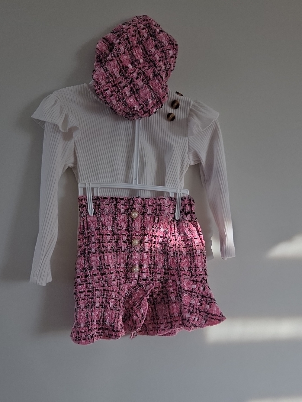 Pink Tweed Skirt Set with Matching Beret